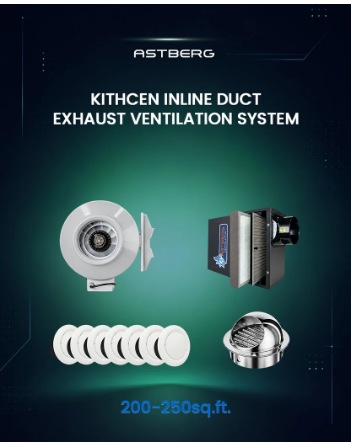 Astberg 200-250 sq ft kitchen inline duct exhaust ventilation system — inline duct exhaust fan, diffusers and outer cowl kit