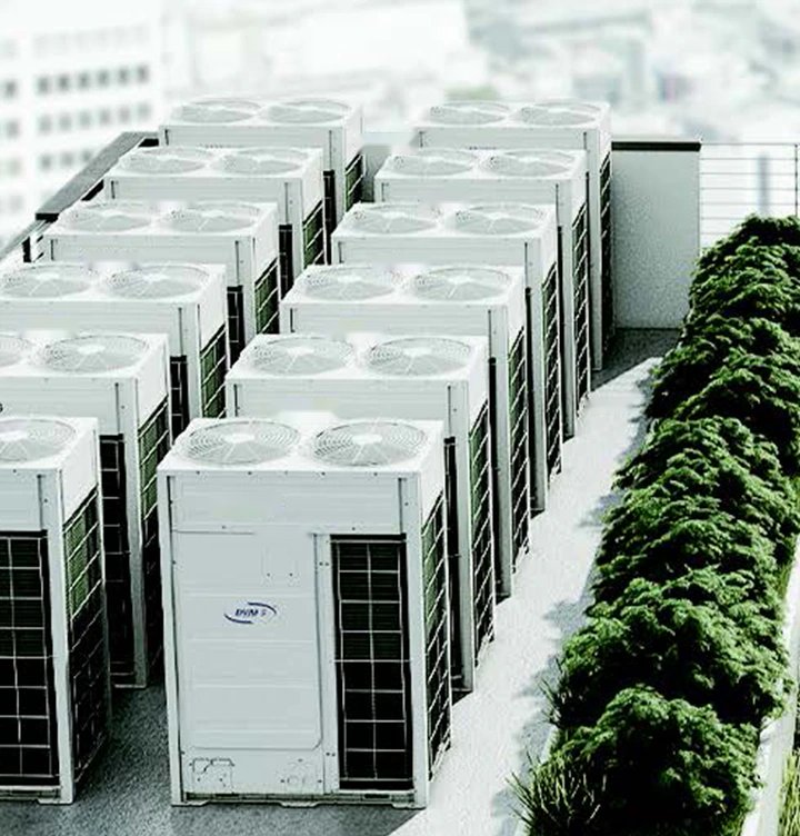 Rows of VRF outdoor units installed on a rooftop